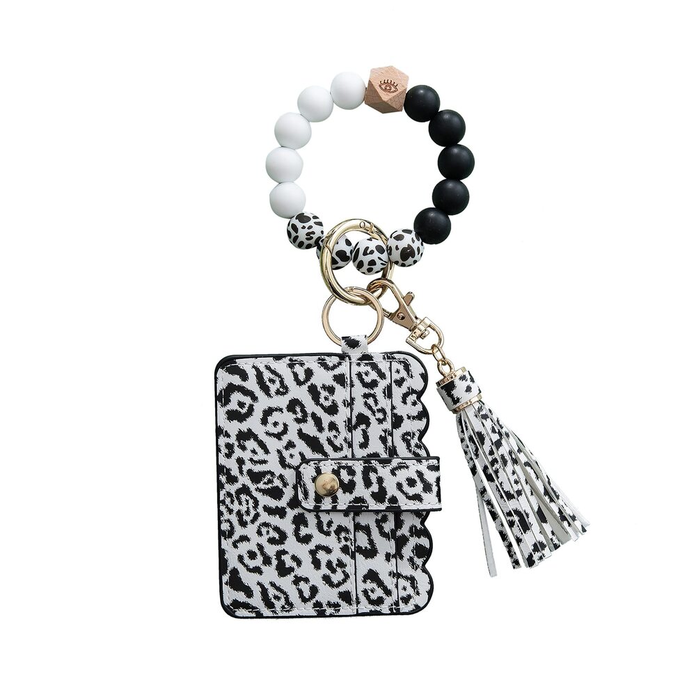 3852 Silicone Wood Beaded Tassel Bracelet Wristlet Bangle Keychain Key Ring